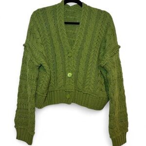 Cider Cropped Oversized Cable Knit Cardigan in Matcha Green